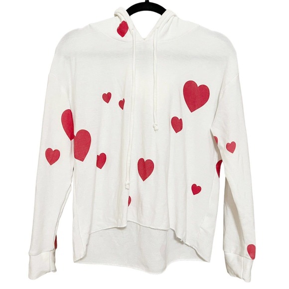 Chaser Women Pullover Heart Print Hoodie Sweatshirt Top Ivory Knit Sz M Long Slv - Picture 3 of 6